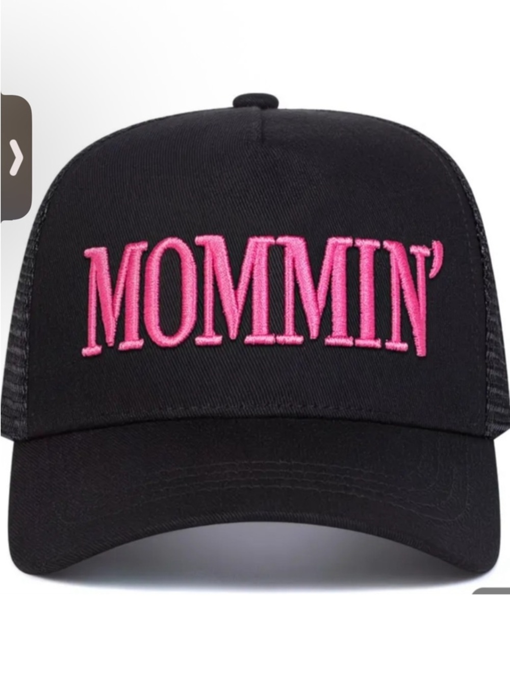 Black Trucker adjustable Hat with Pink "MOMMIN'" Embroidery
